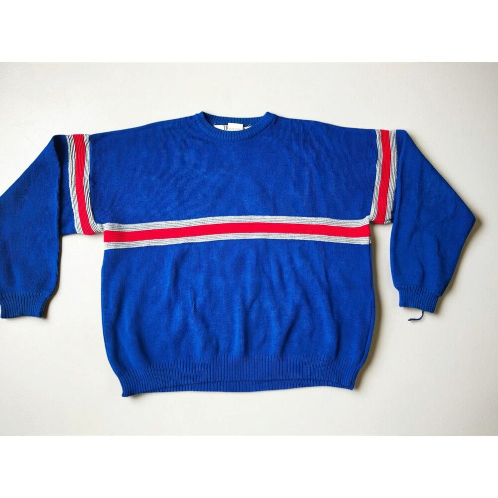 Vintage 80s Ironwood Trading Company Sweater XL Blue Red Stripe Romania
